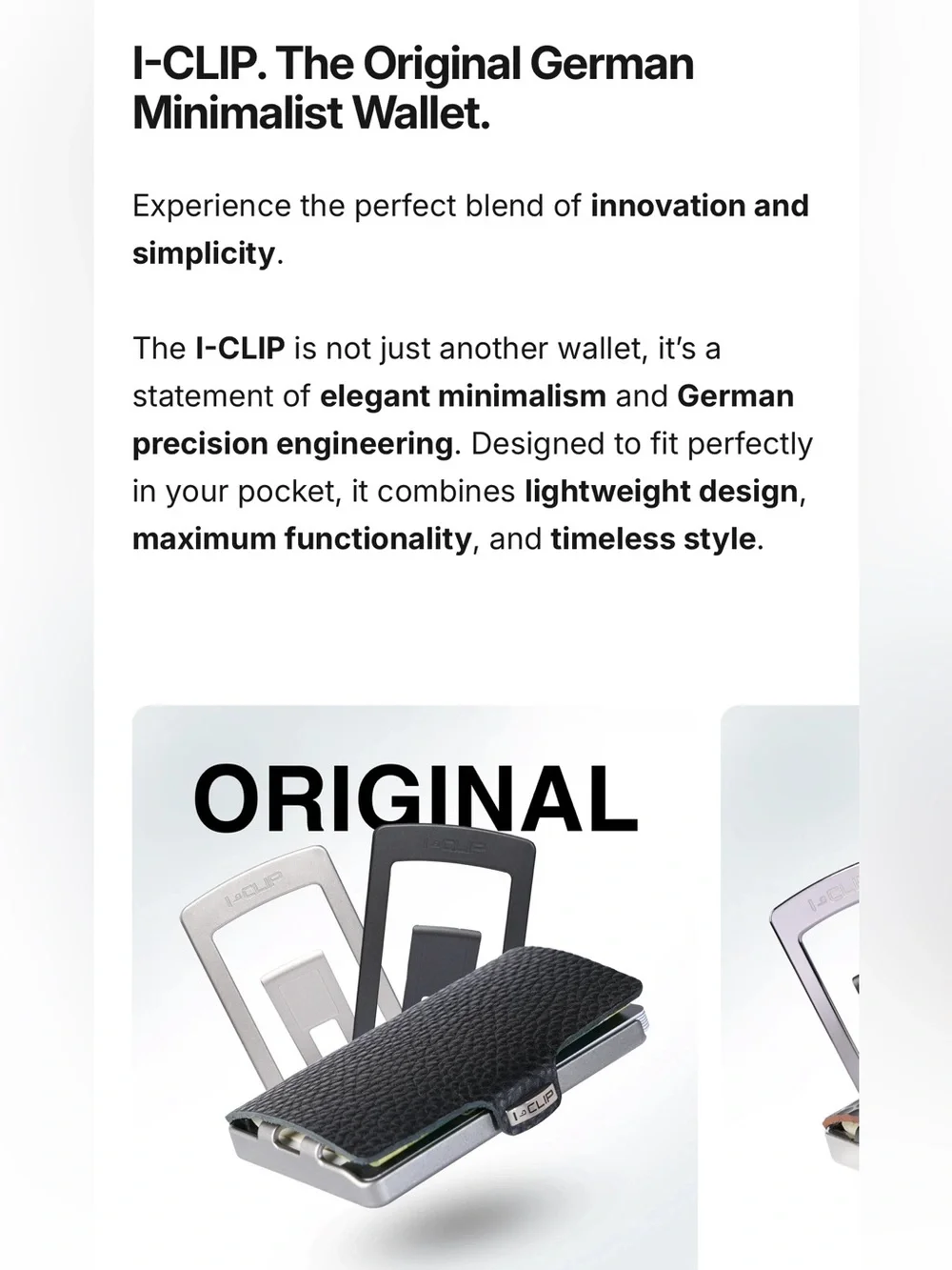 I-CLIP Slim Money Clip Wallet in Black Leather with Silver Frame
